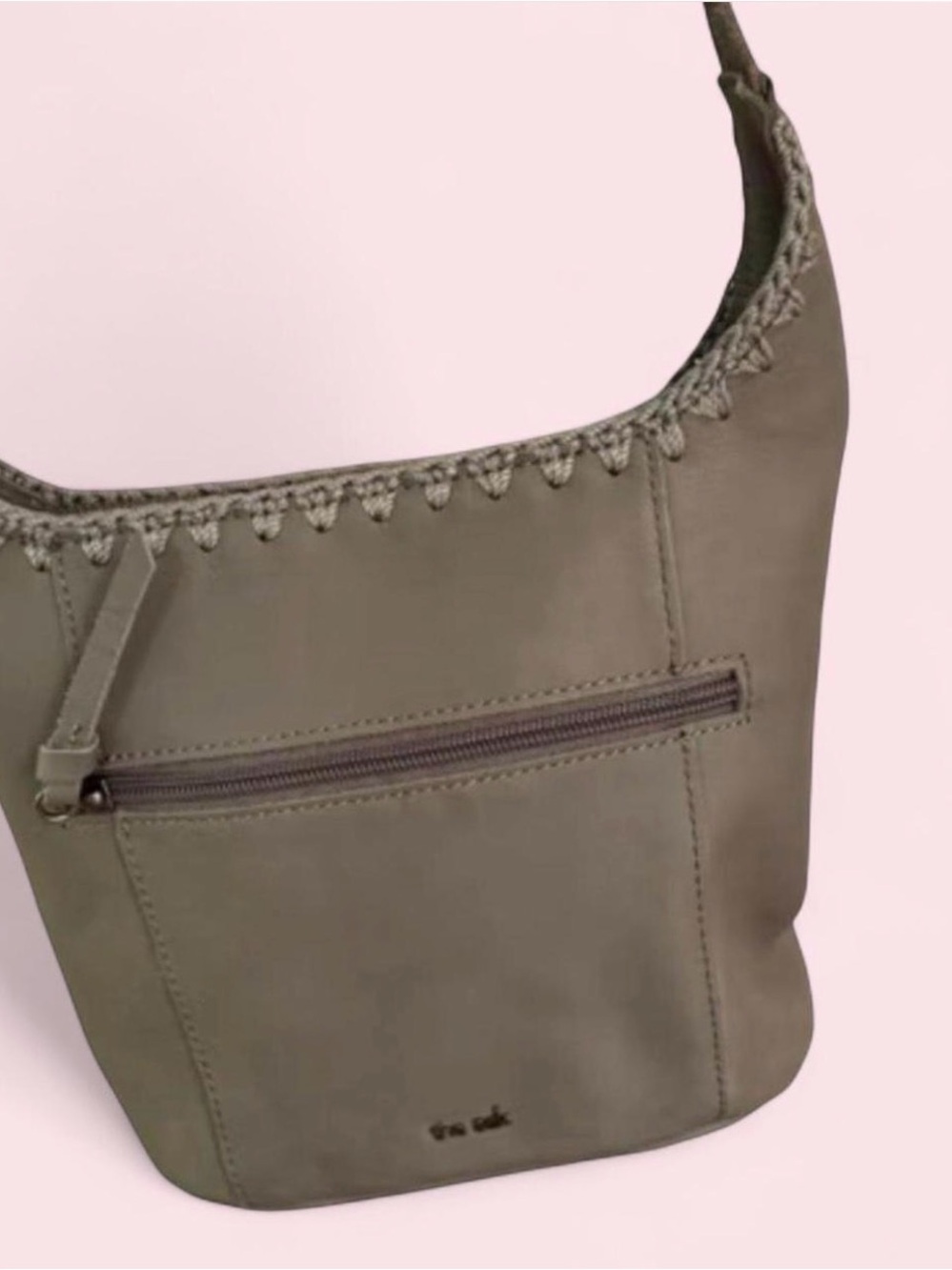 The Sak Asher Leather Crossbody Hobo in Slate Gray w/Crochet Trim